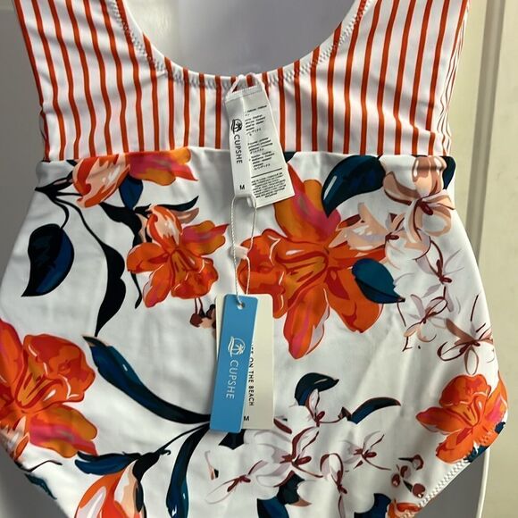 Cupshe One Piece Women’s Floral and Striped Pull-On High Neck Swim Suit-Medium - Picture 9 of 14